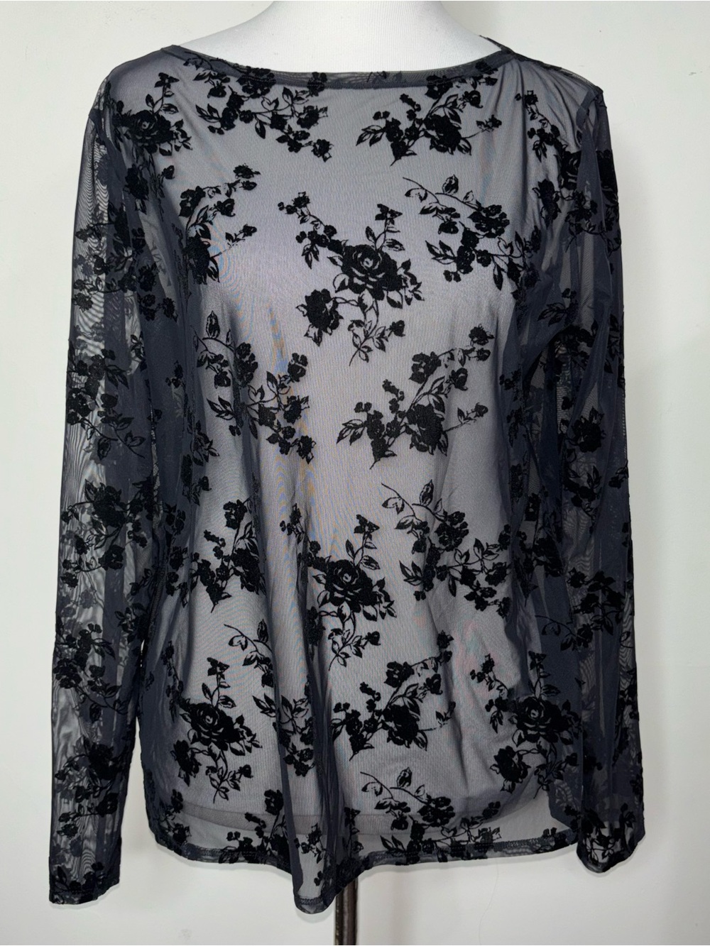Abercrombie & Fitch XL Burnout Sheer Mesh Floral Top Long Sleeve Y2K Black